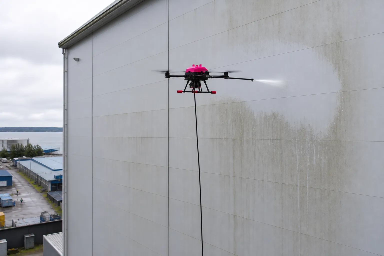 Dron de Dronex aplicando lavado sobre la fachada de hormigón de una planta industrial, con manchas de crecimiento biológico en la superficie